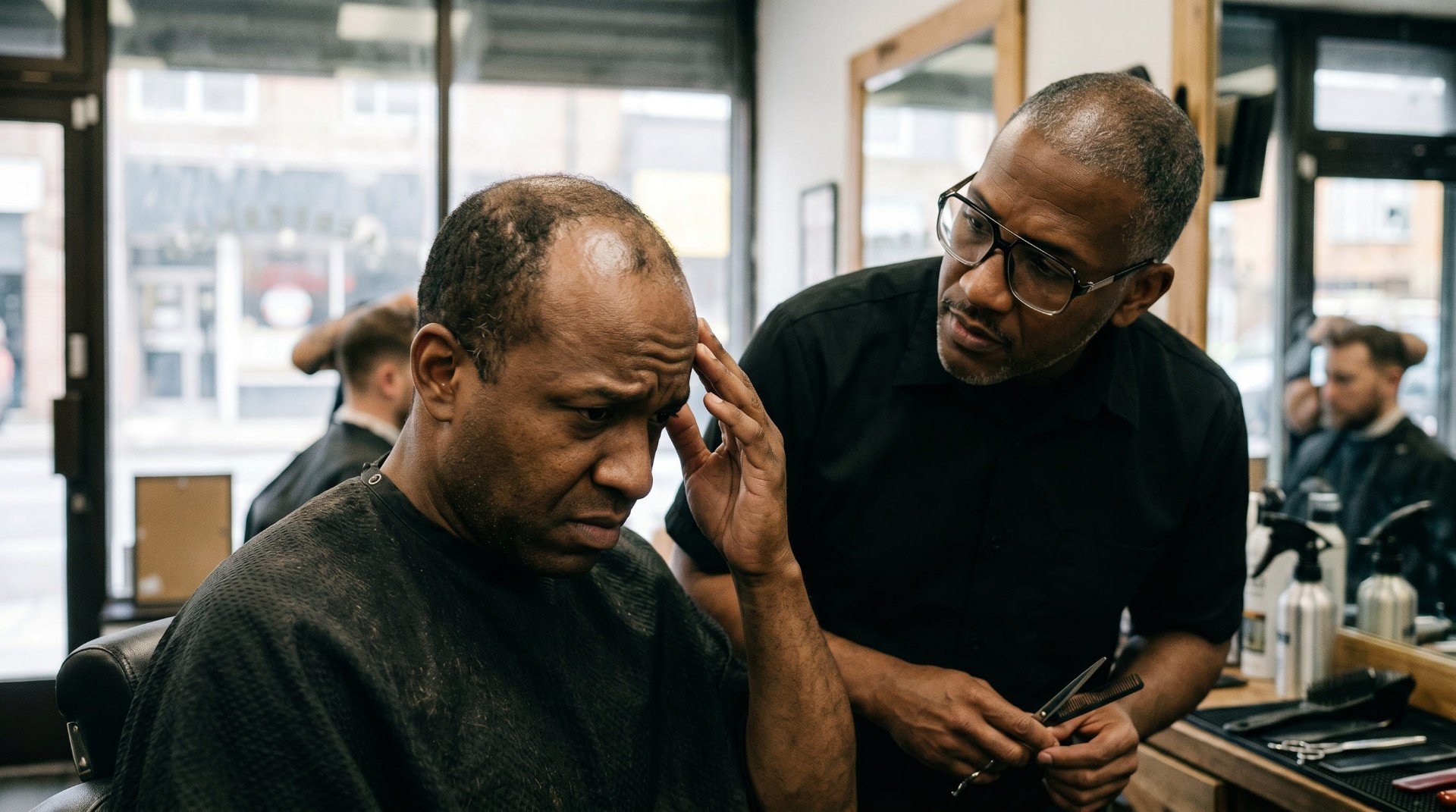 Barber in deep consultation with a client, examining scalp and hairline