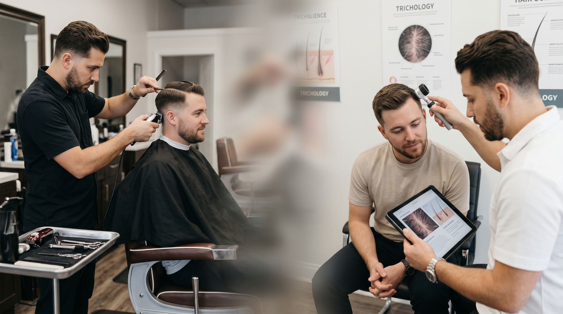 Barber observing scalp closely with intelligent focus in a modern environment