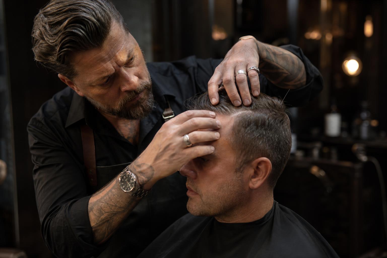 Master barber examining a client's scalp with focused intention