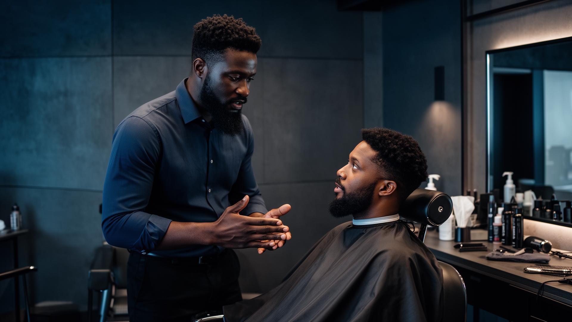Confident barber having a meaningful conversation with a client in an elevated workspace