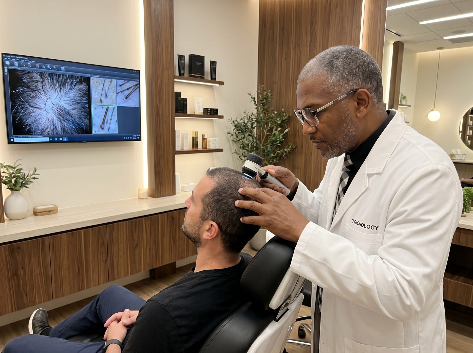 Close-up of a barber's hands working with precision near a client's hairline