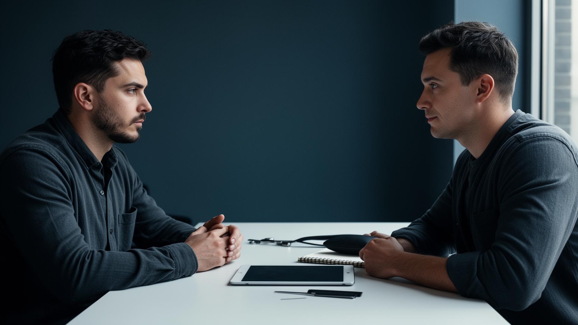 Thoughtful barber listening intently during a calm, professional consultation