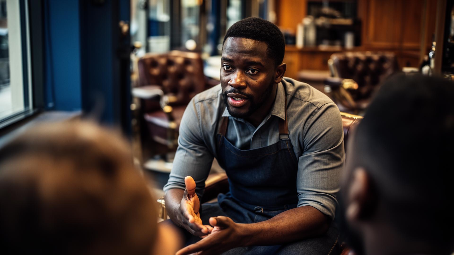 Black barber having a meaningful consultation with another barber in an elevated barbershop