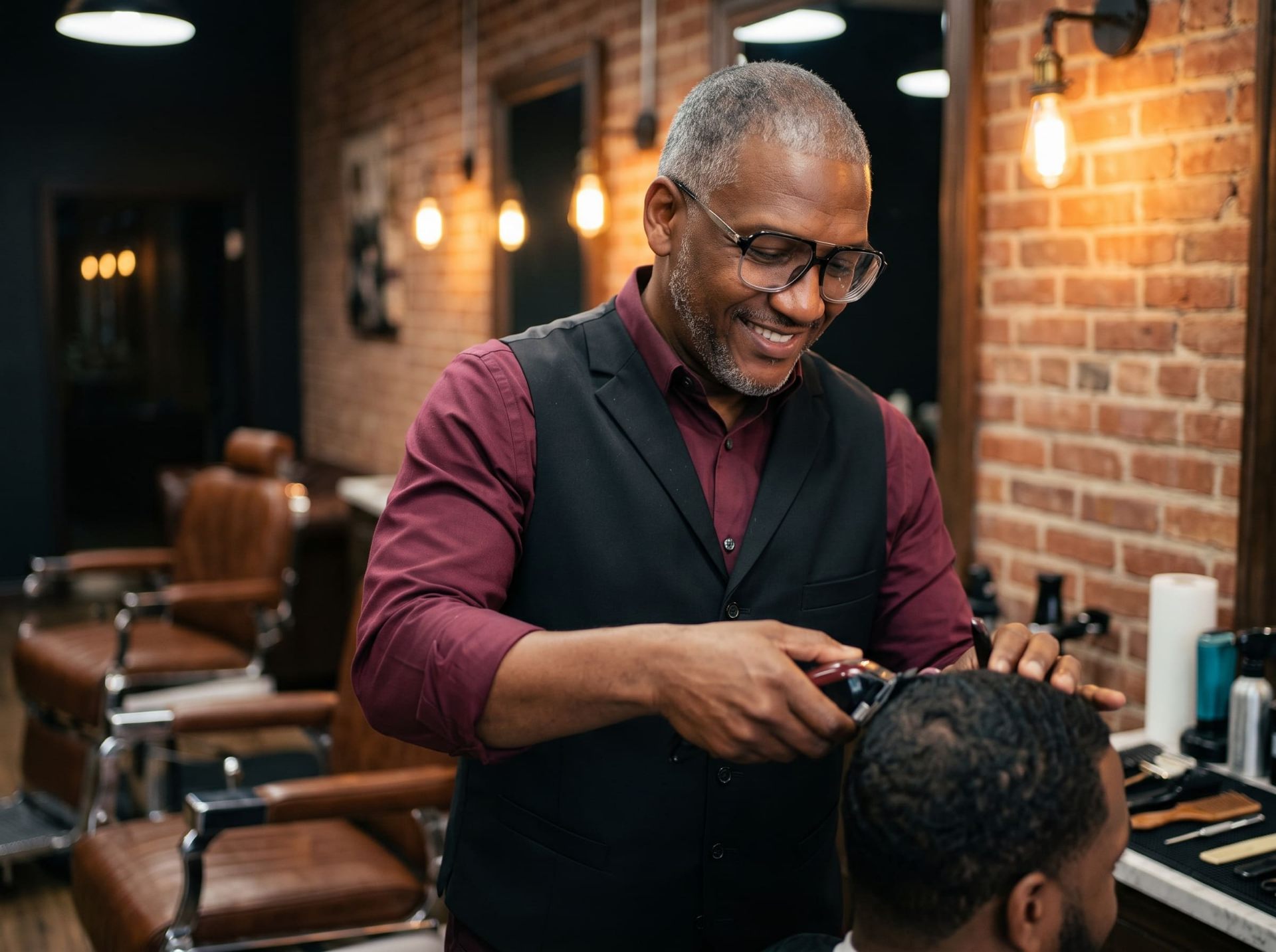 Barber observing scalp detail in an elevated, modern educational environment
