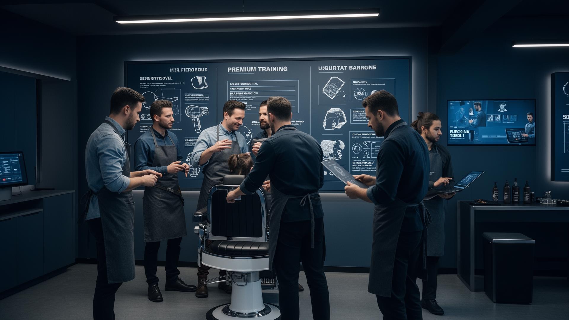 Barber observing scalp detail in an elevated, modern educational environment