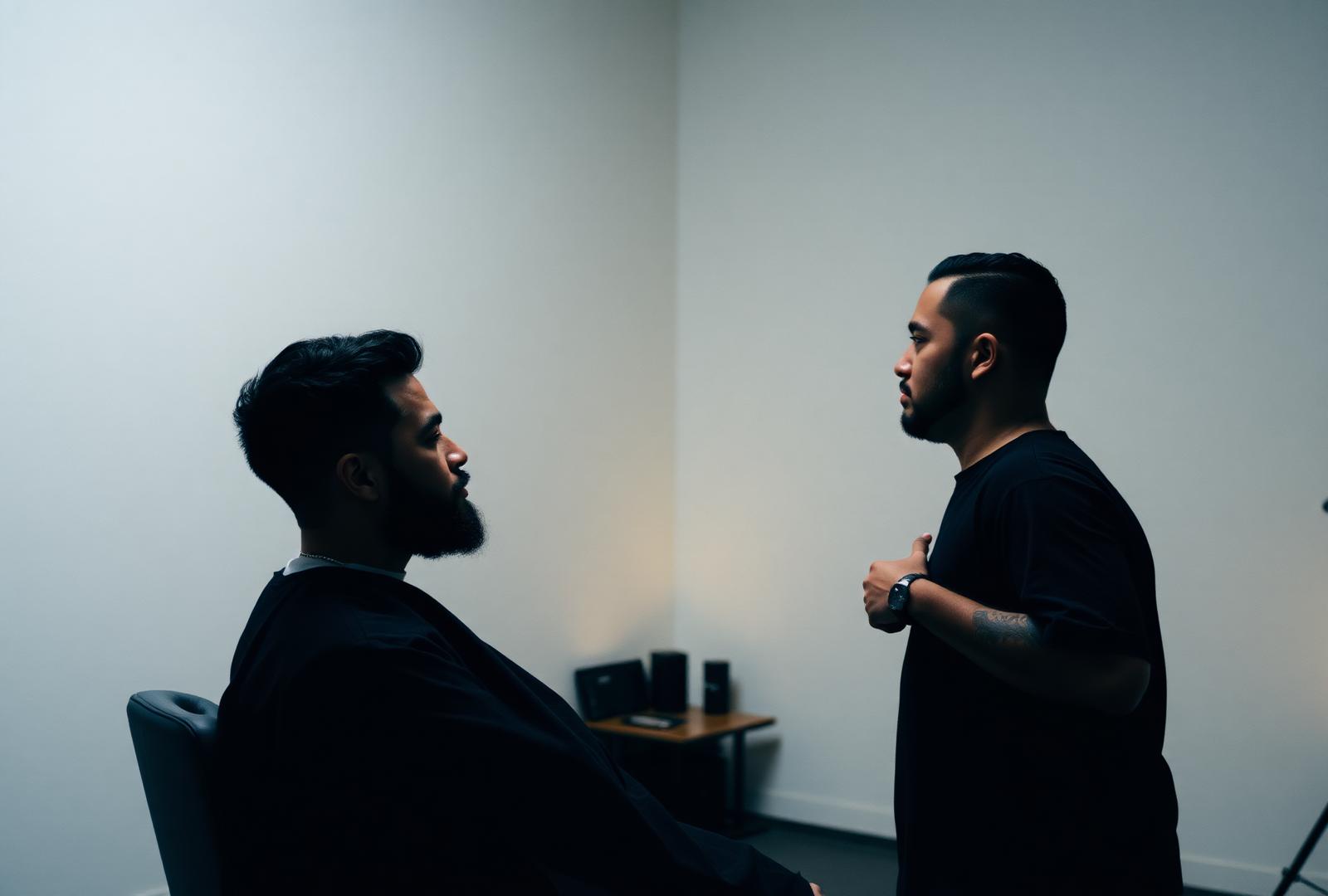 One-on-one mentorship conversation between barbers