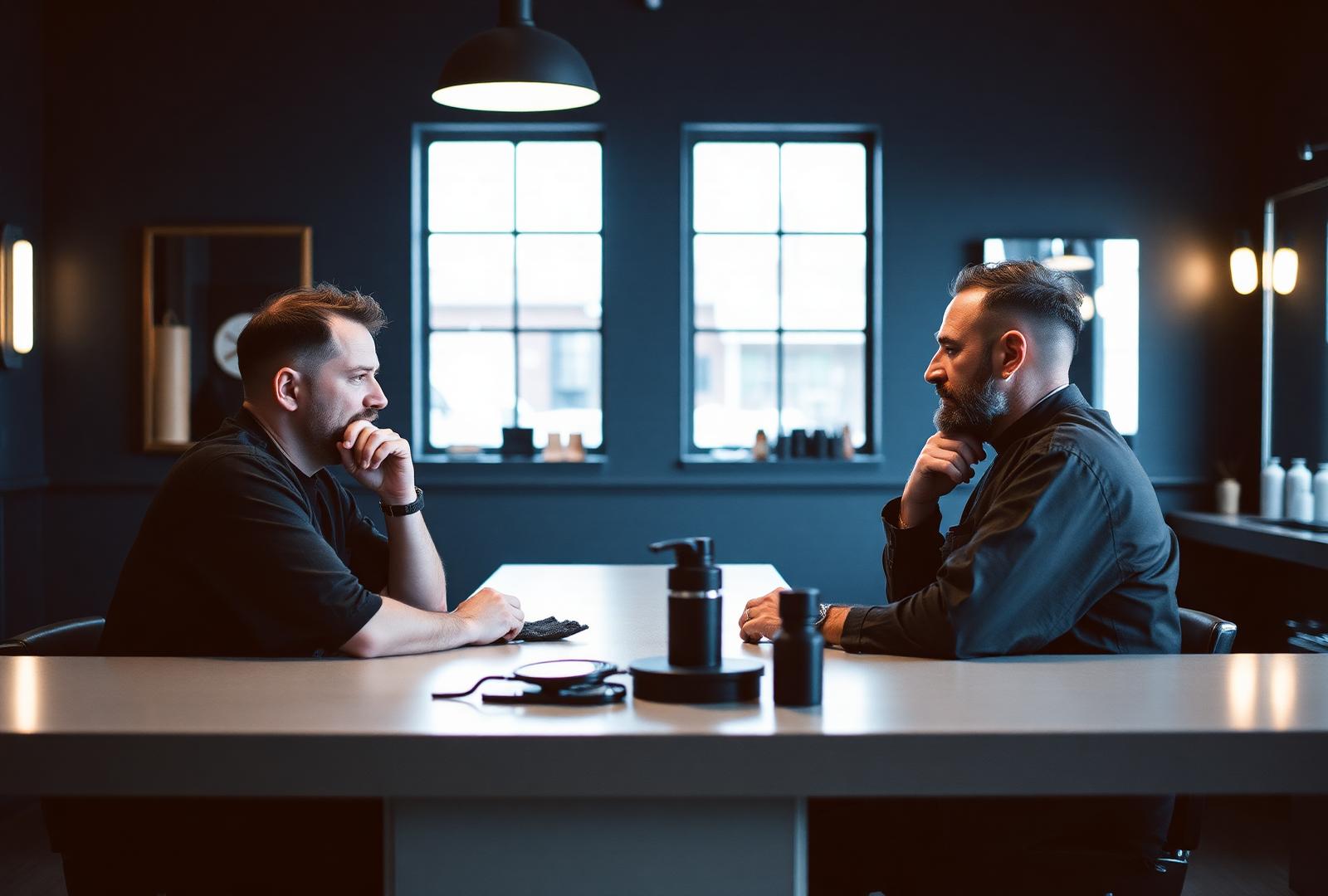 Two barbers in meaningful discussion across a consultation table