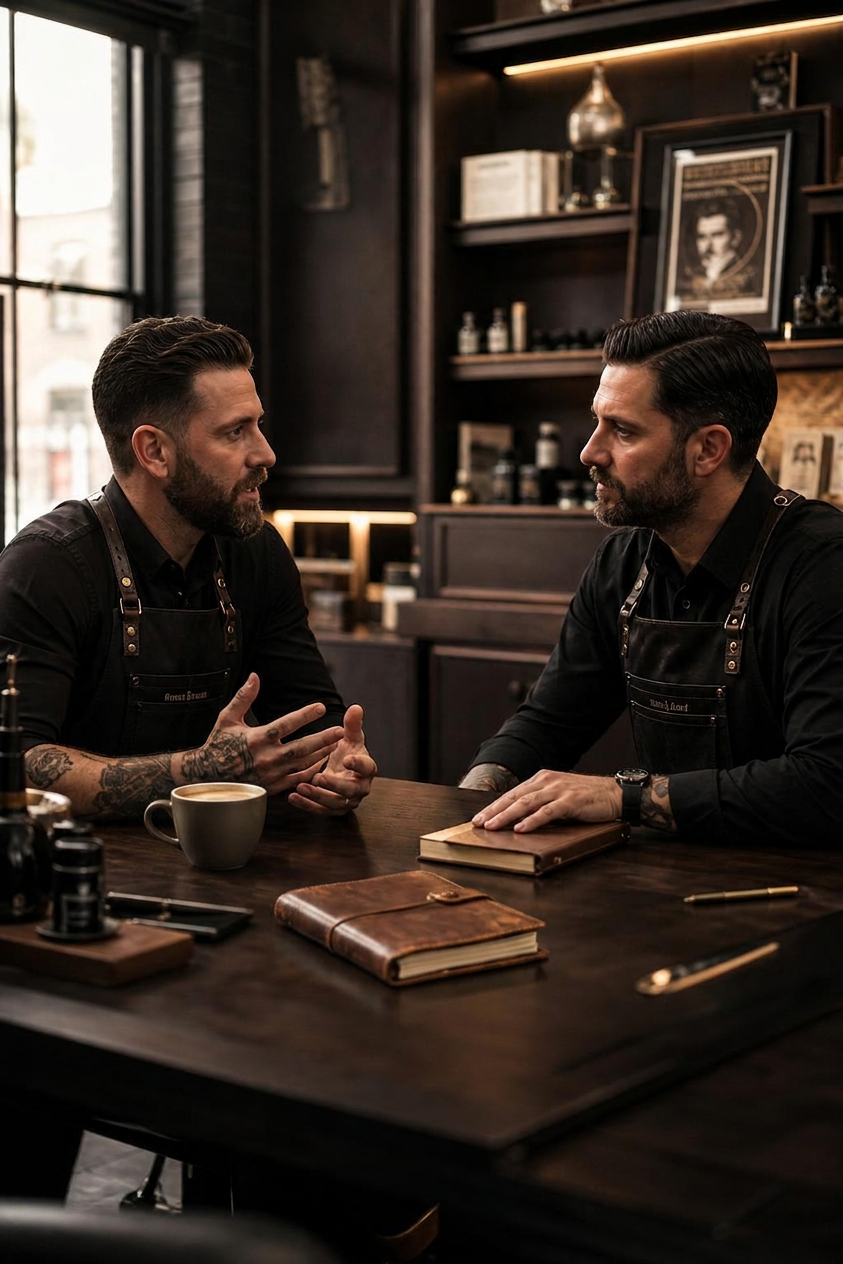Two barbers in meaningful discussion across a consultation table