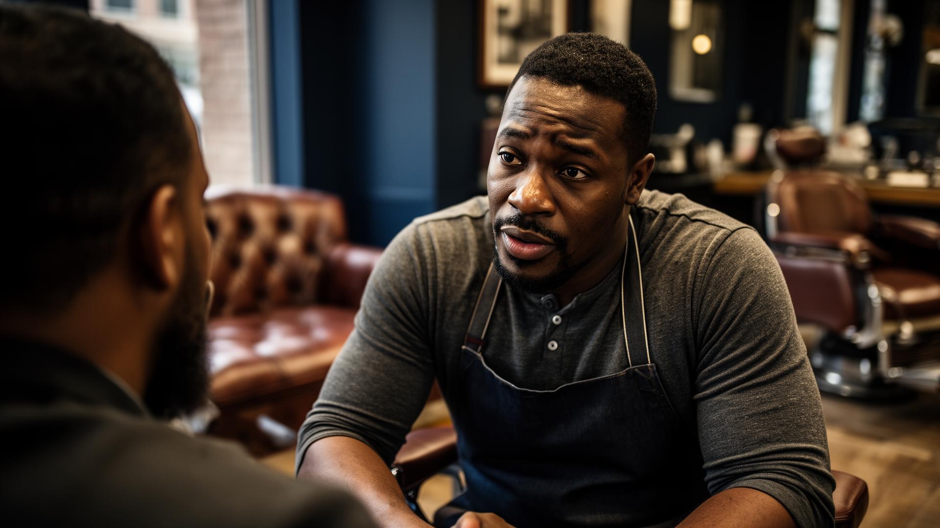Black master barber in mid-conversation with a client in a premium modern barbershop