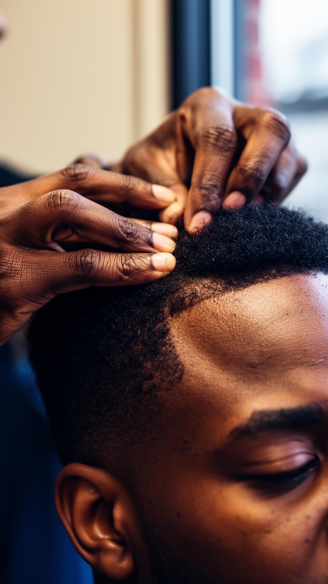 Barber observing scalp with calm focus