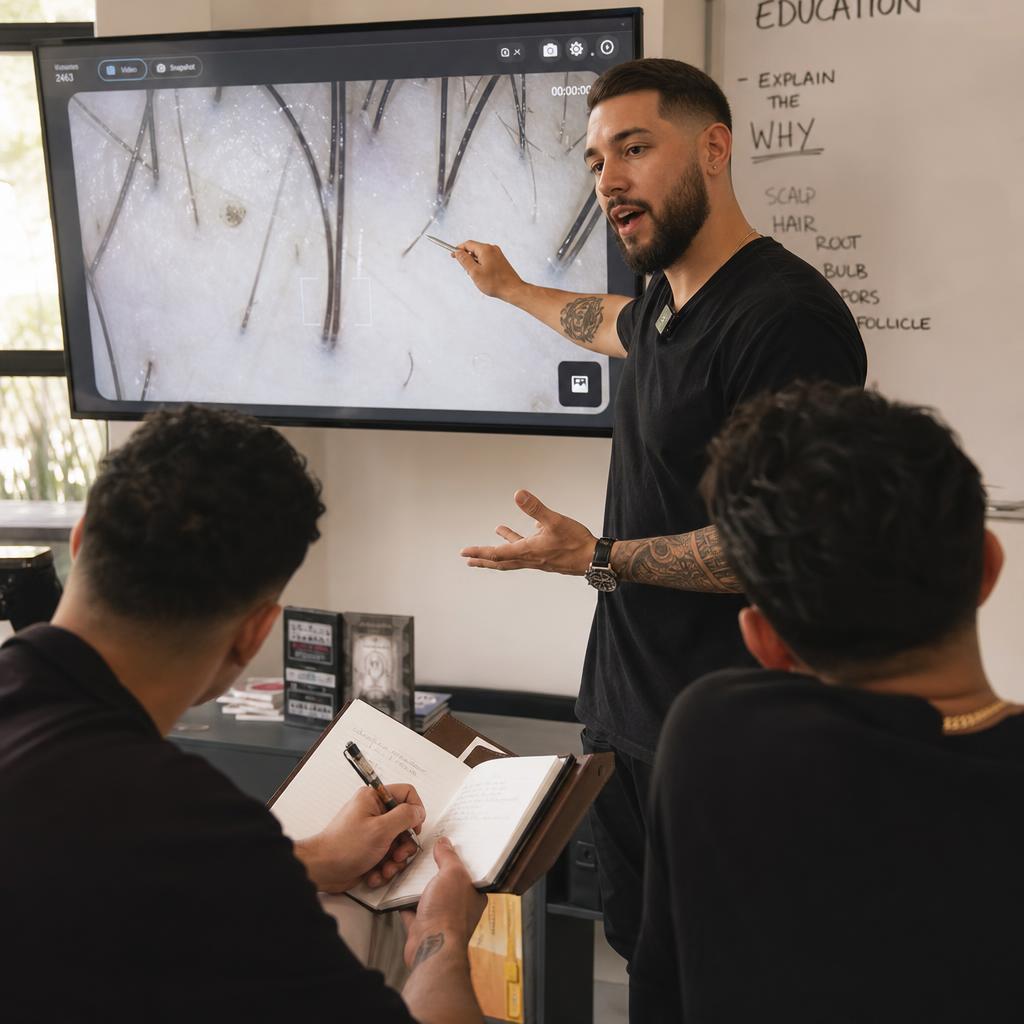 Instructor demonstrating scalp analysis to a group of barbers