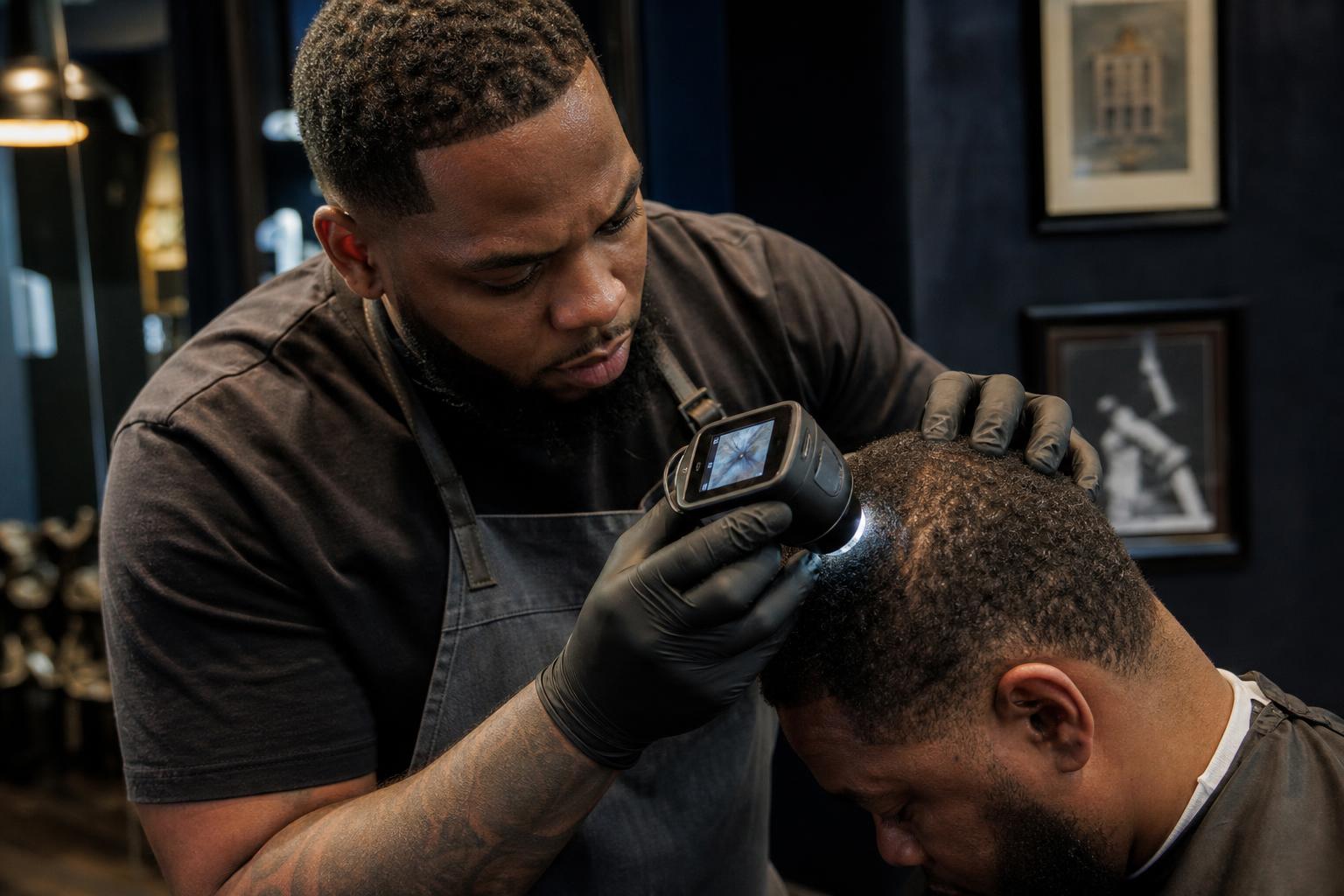 Barber consulting client about scalp health