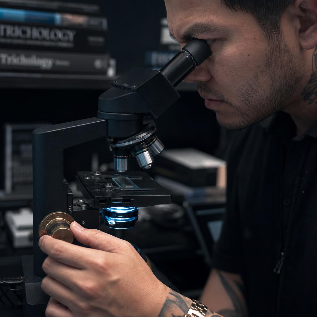 Barber using scalp microscope while client watches display