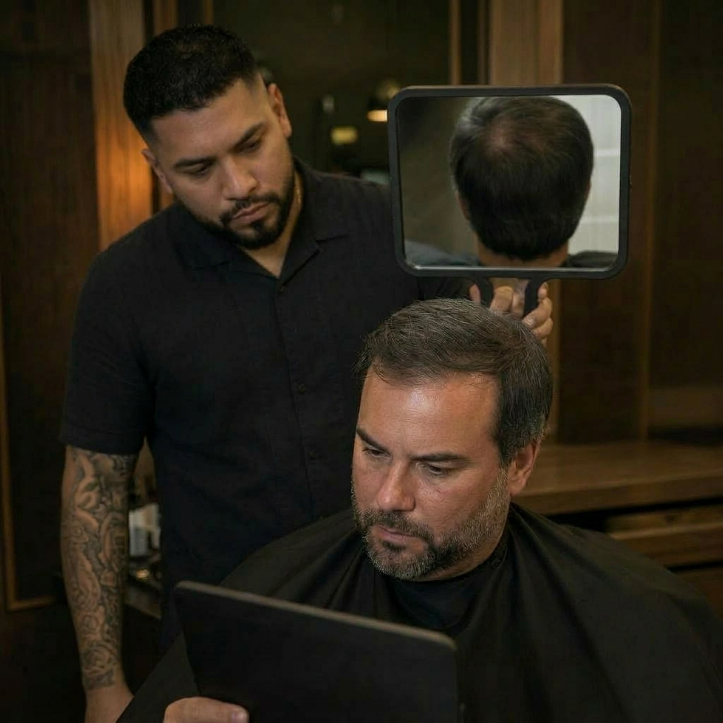 Barber examining client's beard with handheld light