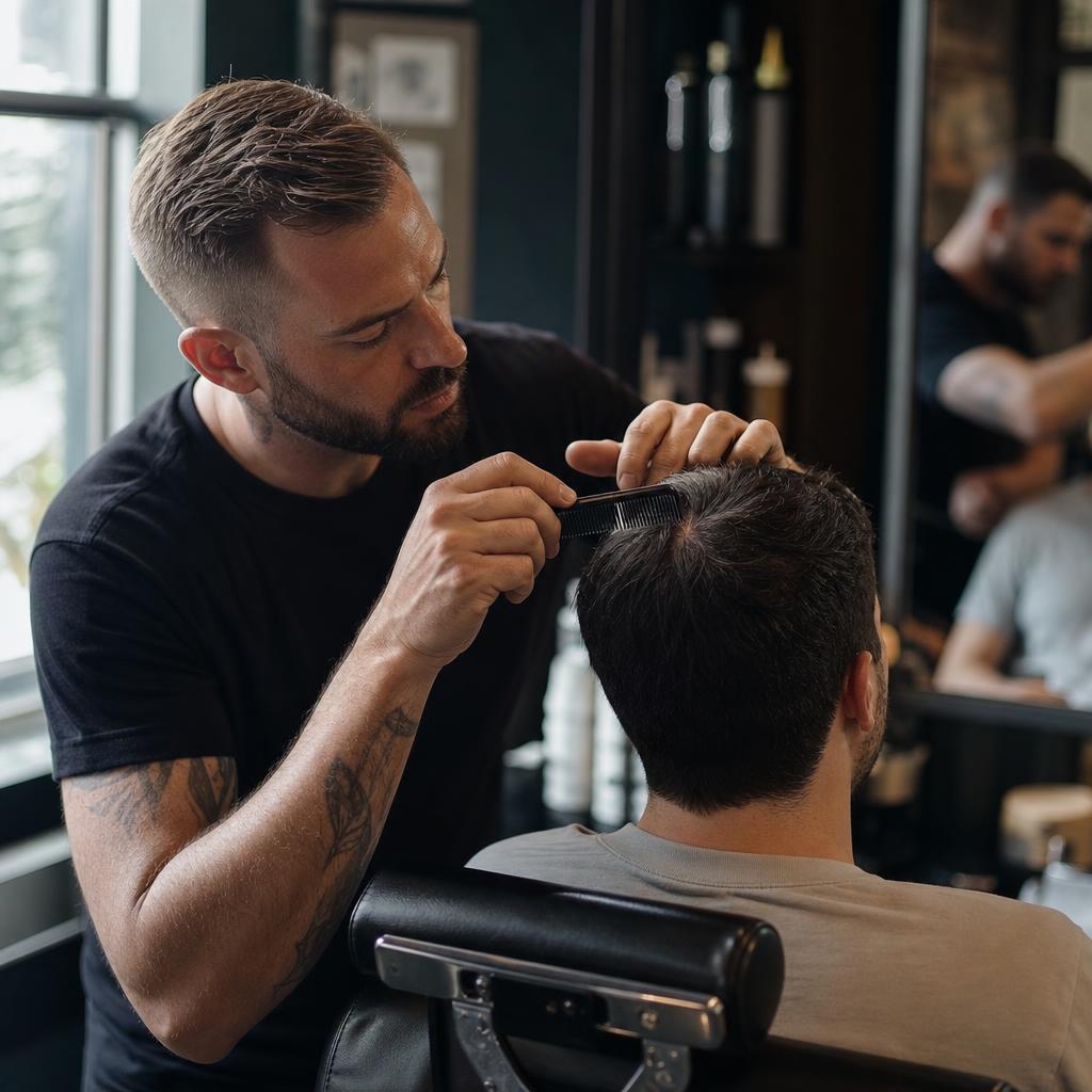 Barber showing scalp analysis on tablet to client