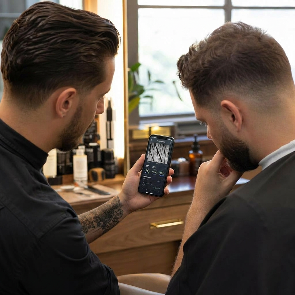 Barber consulting client with tablet and microscope on counter