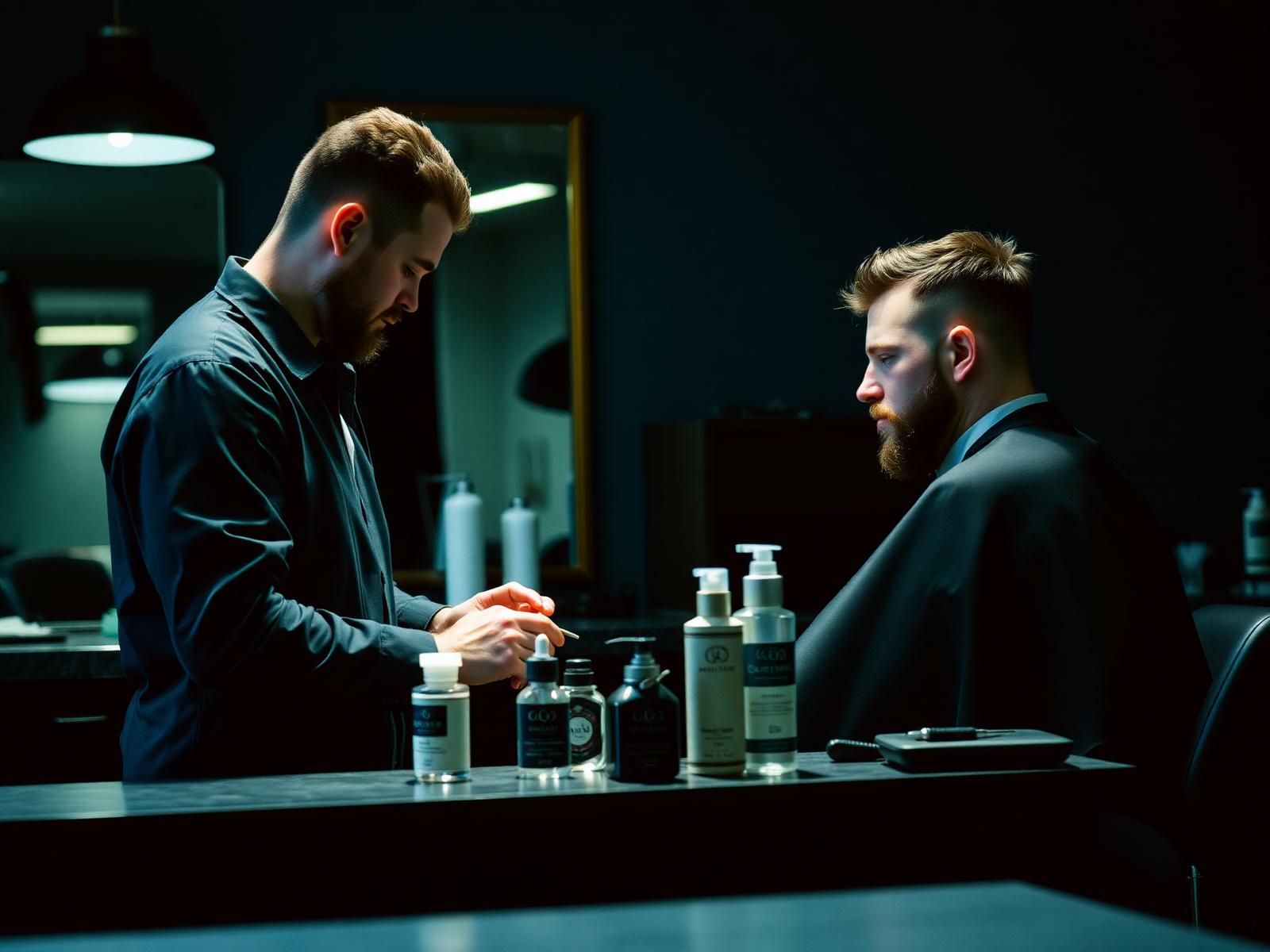Barber consulting client at premium grooming table