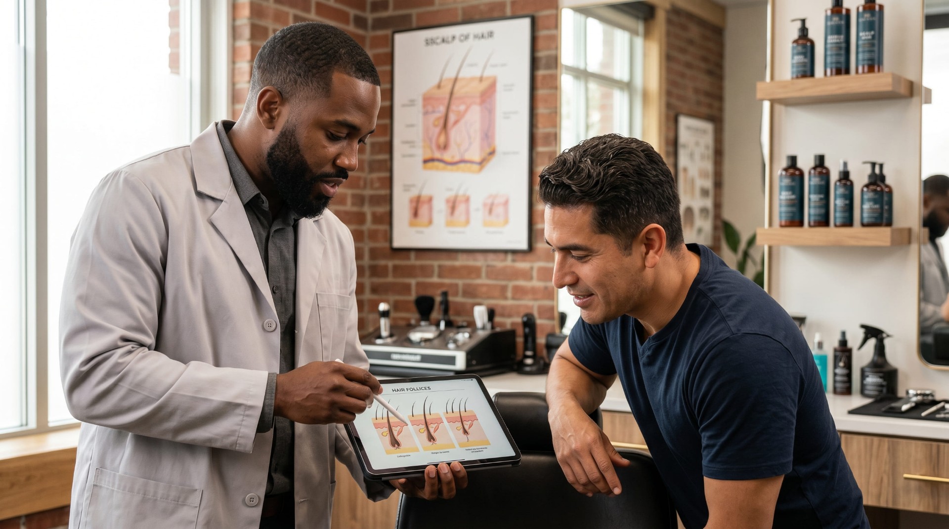 Barber consulting a client with a tablet